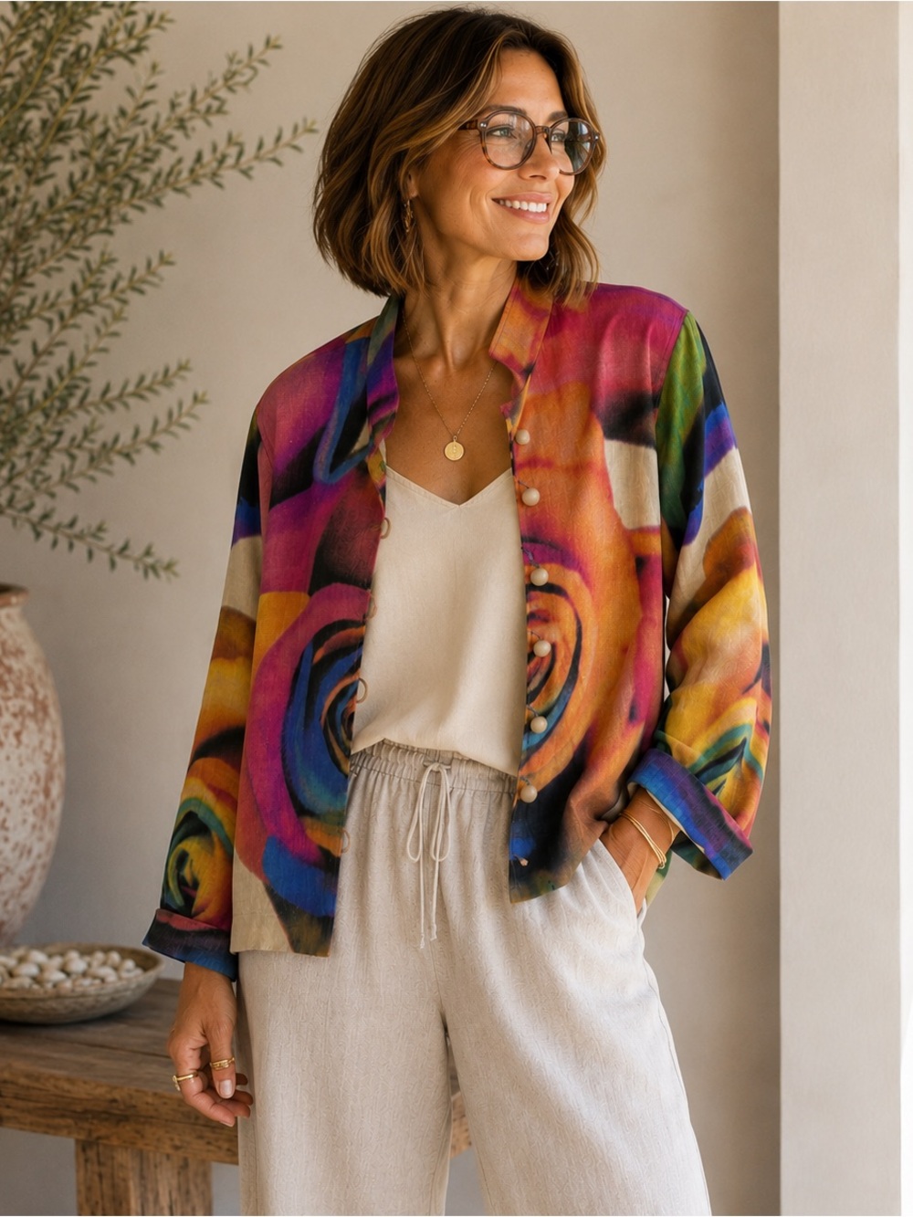 Vintage Caroline Rose Linen Art Jacket USA Lagenlook Wearable Art Boho Large